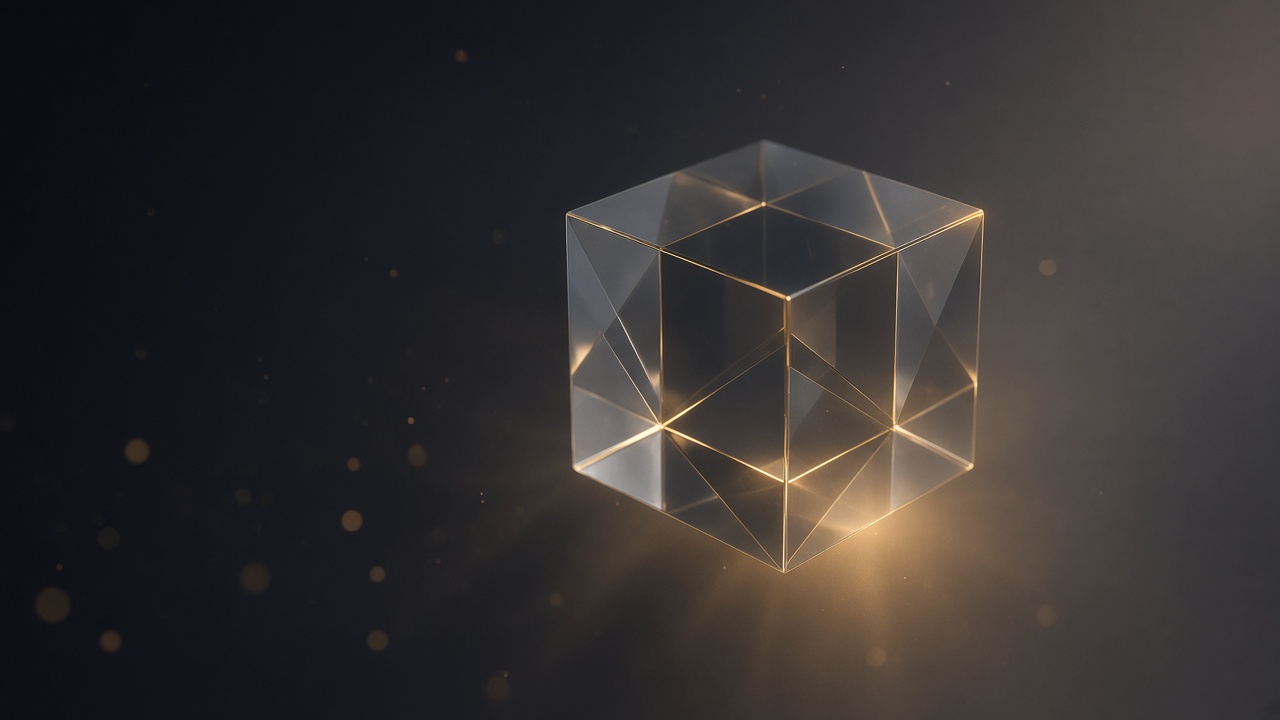Abstrakter goldener Würfel mit Lichtreflexen auf dunklem Hintergrund — Veldicube Markenmotiv